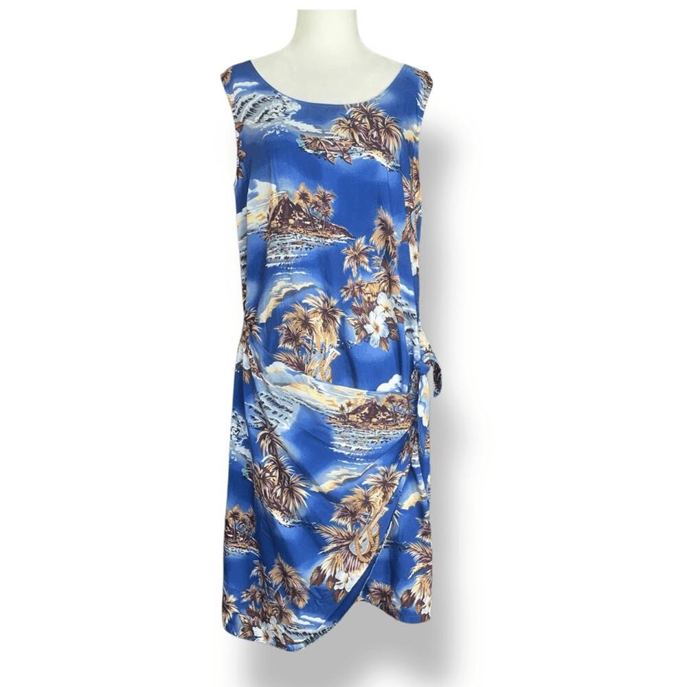 Vintage Hilo Hattie Blue White Sleeveless Hawaiian Wrap Dress Made In Hawaii‎